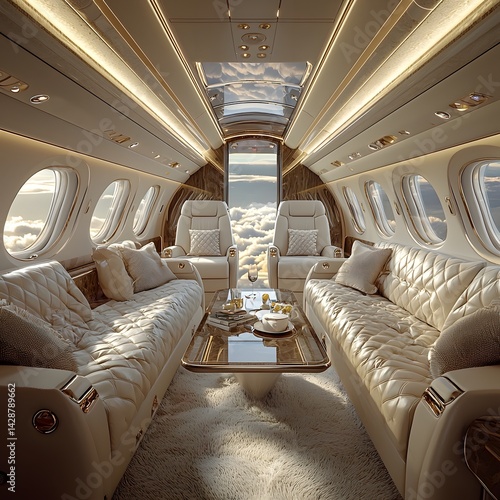 Obraz na płótnie Luxury jet interior with panoramic and plush seating w salonie