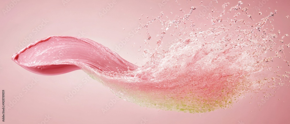 Fototapeta premium Pink liquid splash with water droplets in dynamic motion against a soft pink background Concept of freshness, beauty, and fluidity