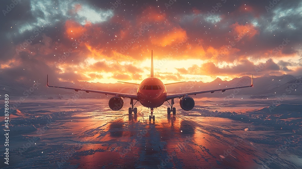 Airplane silhouetted against the vibrant northern lights over a snowy Arctic landscape at night