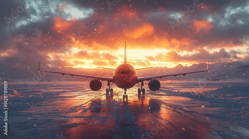 Obraz na płótnie Airplane silhouetted against the vibrant northern lights over a snowy Arctic landscape at night w salonie