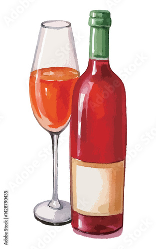 オレンジワインのボトルとグラスの水彩風イラスト　生成AI