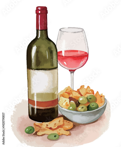 赤ワインのボトルとグラスとおつまみの水彩風イラスト　生成AI