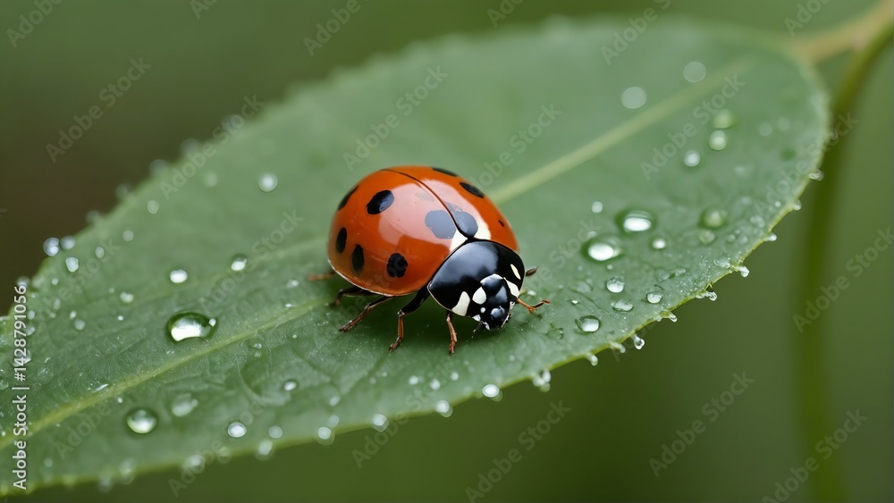 A ladybug crawling on a dewy leaf A ladybug crawling on a dewy leaf