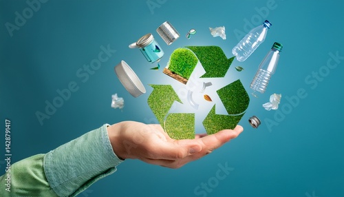 Recycling process model floating on hand