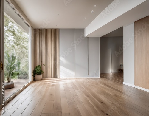 wooden floors ground a minimalist room defined by muted light whitish grays and natural textures