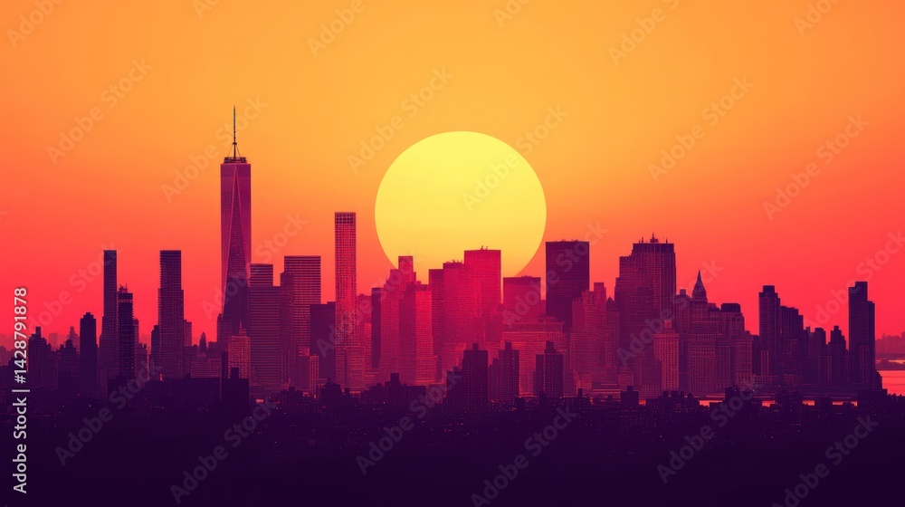 Naklejka premium Manhattan Sunset: A Vibrant Silhouette of the City Skyline at Dusk
