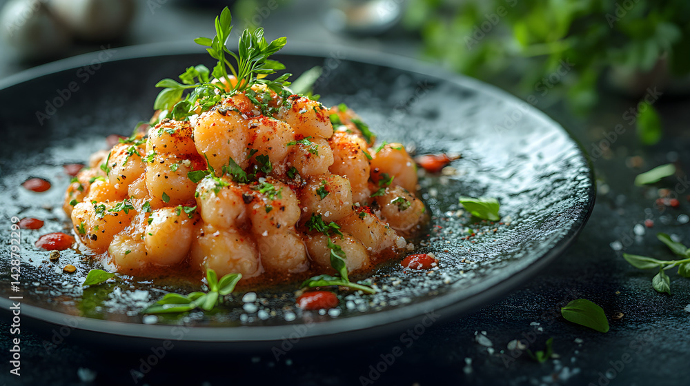 Aloo Gobi presented on a black textured surface with elegant side garnishing
