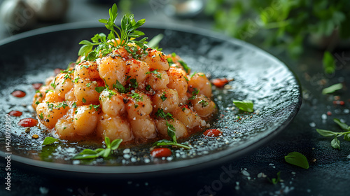 Obraz na płótnie Aloo Gobi presented on a black textured surface with elegant side garnishing w salonie