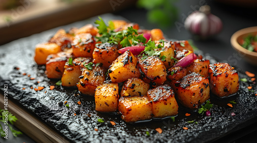Obraz na płótnie Aloo Gobi presented on a black textured surface with elegant side garnishing w salonie