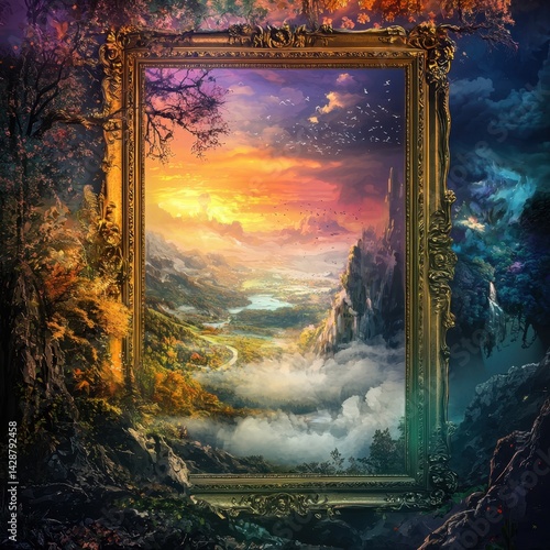Ornate Gold Frame Enclosing a Fantastical Landscape Painting with Sun-Drenched Valley Majestic Castle Misty Mountain and Winding Road