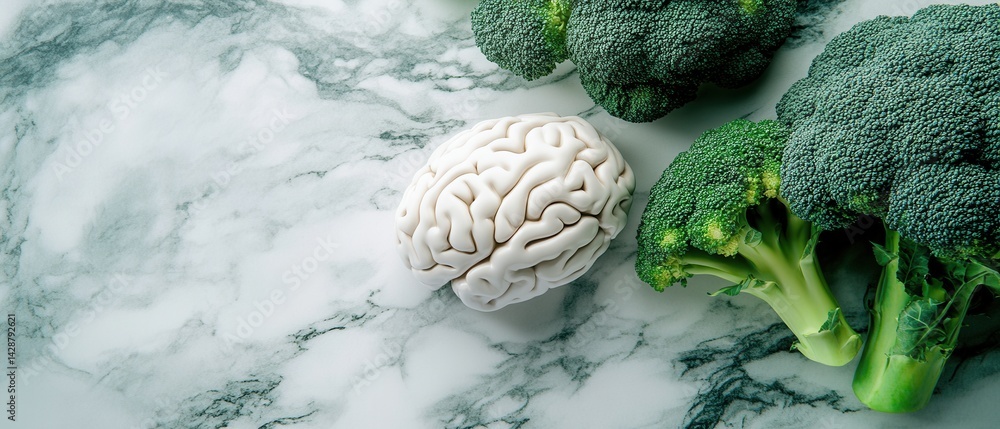 Obraz premium Conceptual brain health image of a brain model and fresh broccoli on a marble surface, highlighting the connection between healthy eating and cognitive function