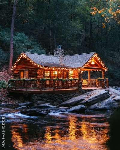 Enchanted Cabin by the River: A Serene Autumn Night