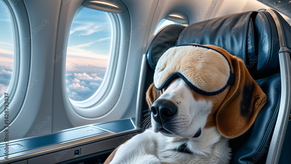 beagle dog sleeps with sleep mask on plane