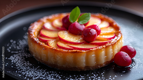 Obraz na płótnie Apple Pie presented on a black textured surface with elegant side garnishing w salonie