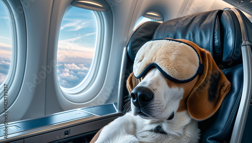 Obraz na płótnie beagle dog sleeps with sleep mask on plane w salonie