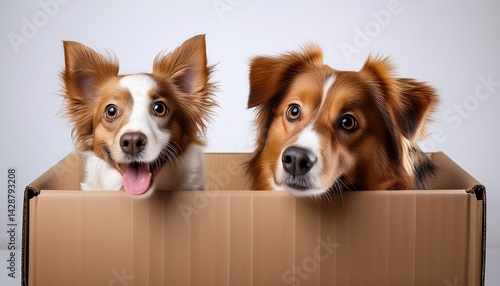 two playful dogs peeking over a cardboard box one brown fluffy one white and brown