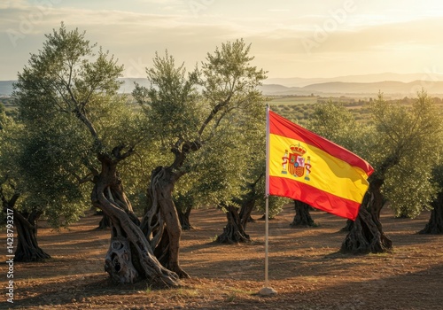 Spain Flag Olive Grove Andalusia Landscape Background