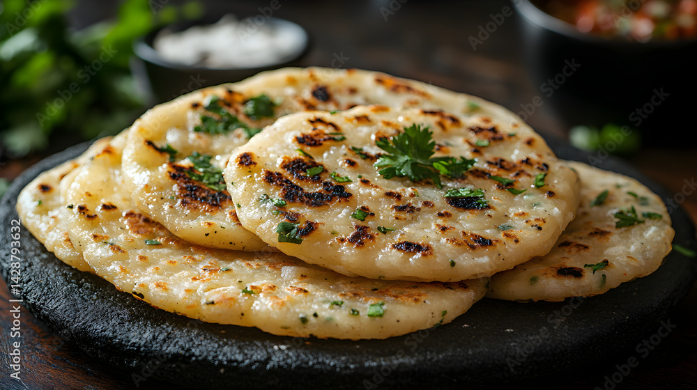 Arepas served on dark grey textured plate with fresh garnish top view