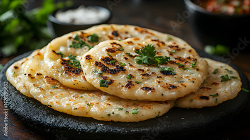Obraz na płótnie Arepas served on dark grey textured plate with fresh garnish top view w salonie