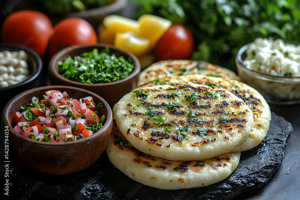 Arepas styled on rustic black stone table with side ingredients