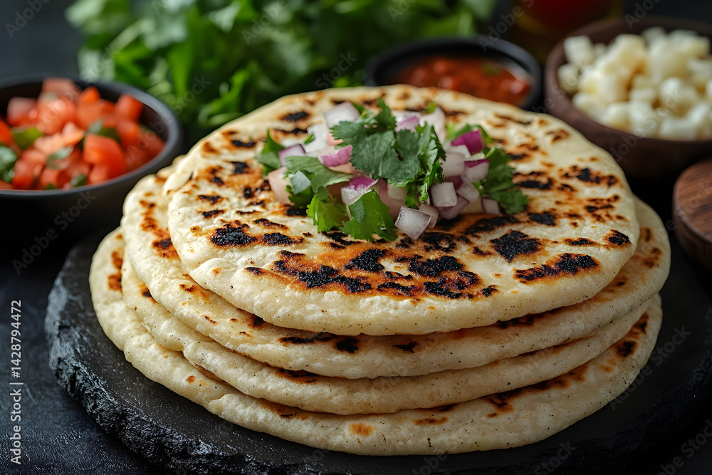 Arepas styled on rustic black stone table with side ingredients