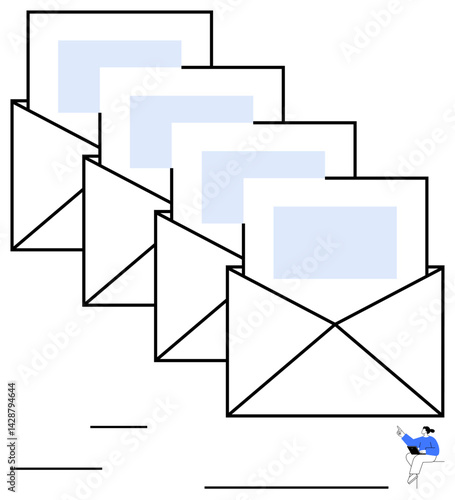 Row of open envelopes with letters emerging, symbolizing messages, updates, or correspondence. Ideal for communication, email marketing, messaging, networking, organization teamwork flat simple