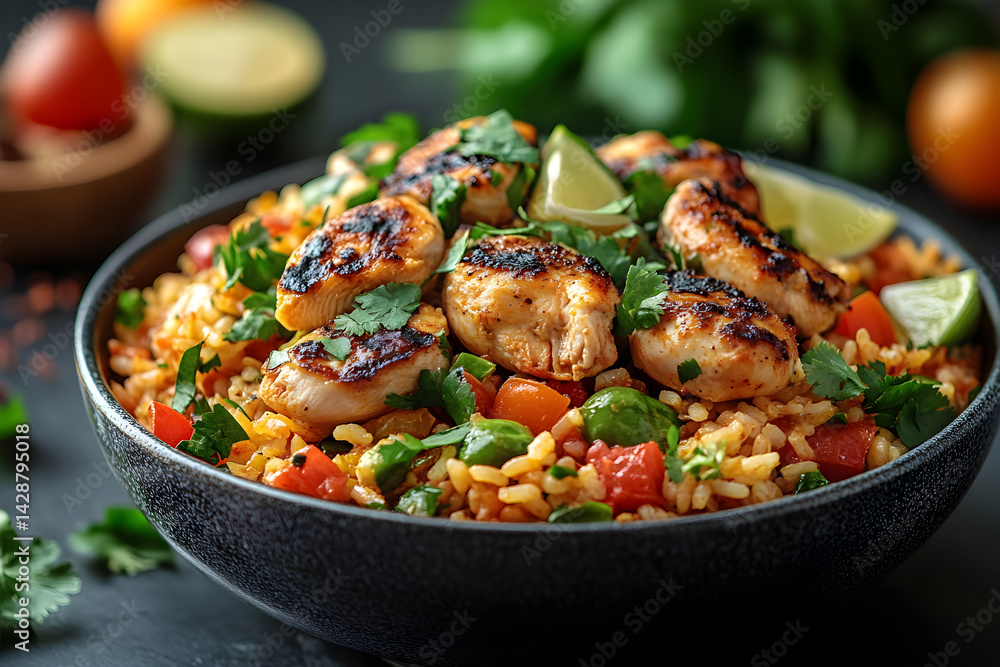 Arroz con Pollo styled on dark grey background with clean plating and props