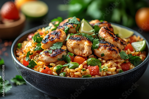 Obraz na płótnie Arroz con Pollo styled on dark grey background with clean plating and props w salonie