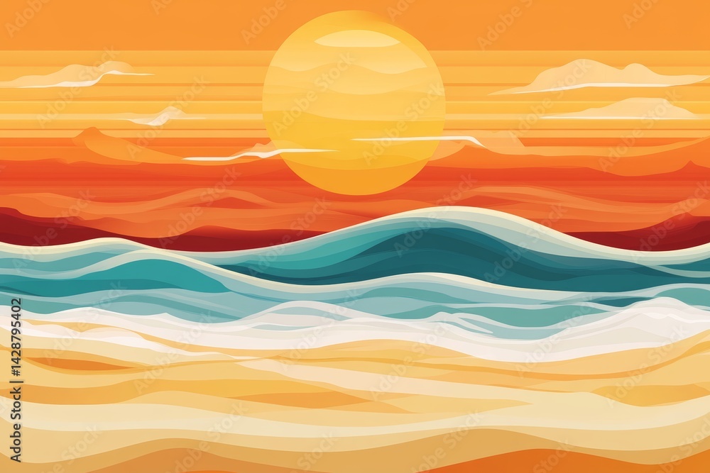 Sunset beach background with golden sands and gentle waves.