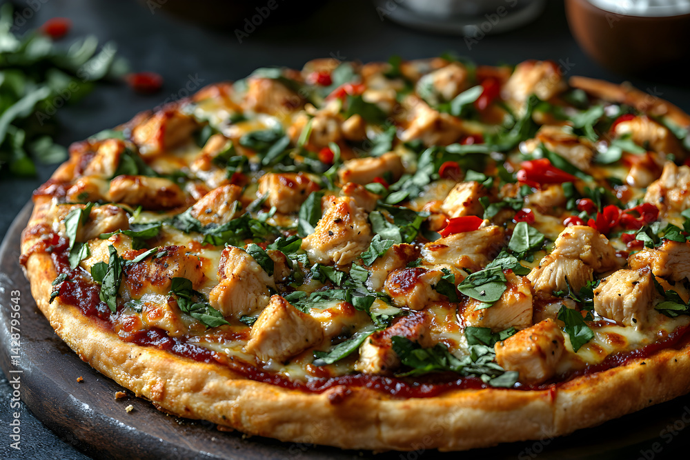 BBQ Chicken Pizza styled on dark grey background with clean plating and props