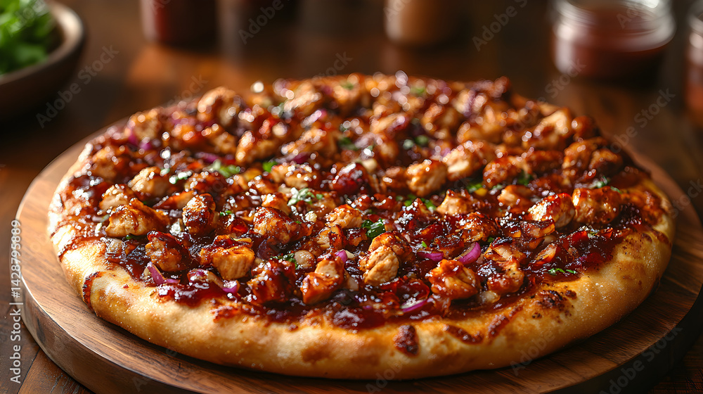 BBQ chicken pizza with smoky sauce and caramelized onions