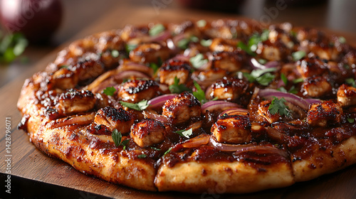 BBQ chicken pizza with smoky sauce and caramelized onions
