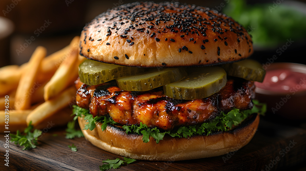 BBQ pulled pork sandwich with pickles, served on a soft bun with a side of fries