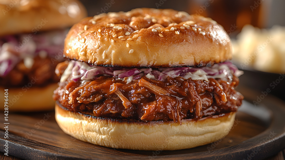 BBQ pulled pork sandwich with coleslaw on a toasted bun