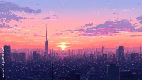 A futuristic cityscape at sunset with vibrant colors.