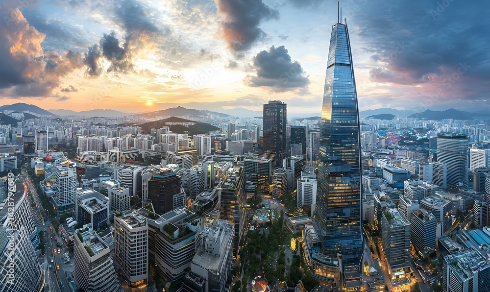 Obraz premium Stunning Sunset Panorama of Seoul's Modern Skyline