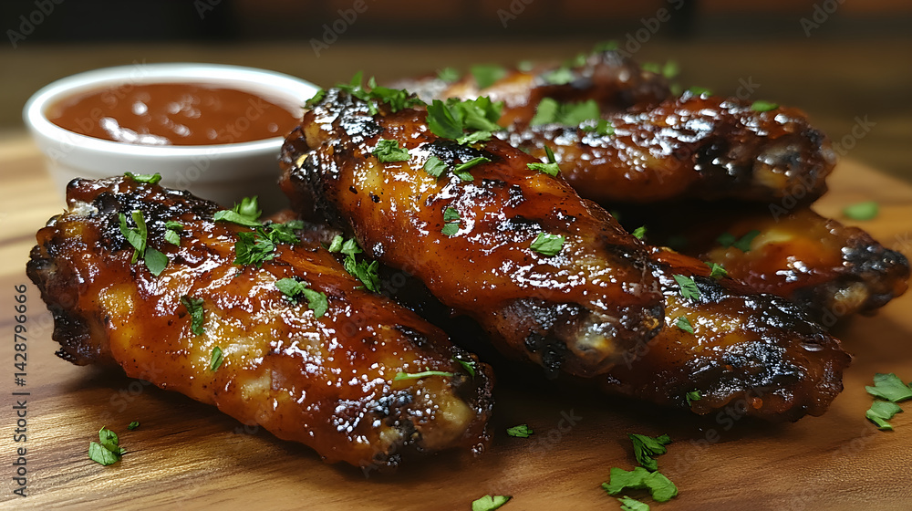 BBQ wings coated in sweet and smoky barbecue sauce with dipping sauce