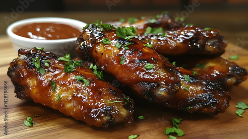 Obraz na płótnie BBQ wings coated in sweet and smoky barbecue sauce with dipping sauce w salonie