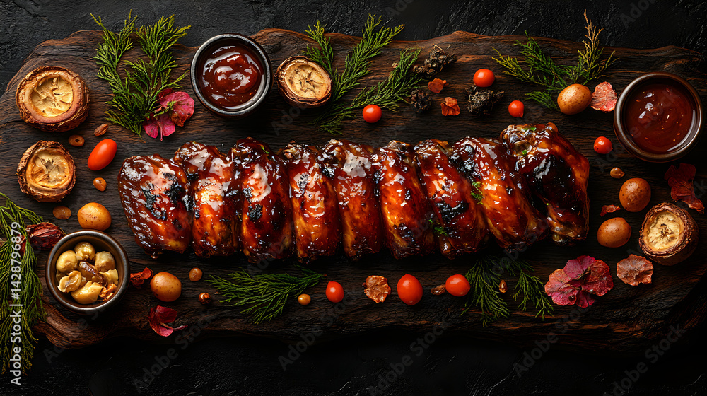 BBQ wings coated in sweet and smoky barbecue sauce with dipping sauce