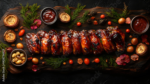 Obraz na płótnie BBQ wings coated in sweet and smoky barbecue sauce with dipping sauce w salonie