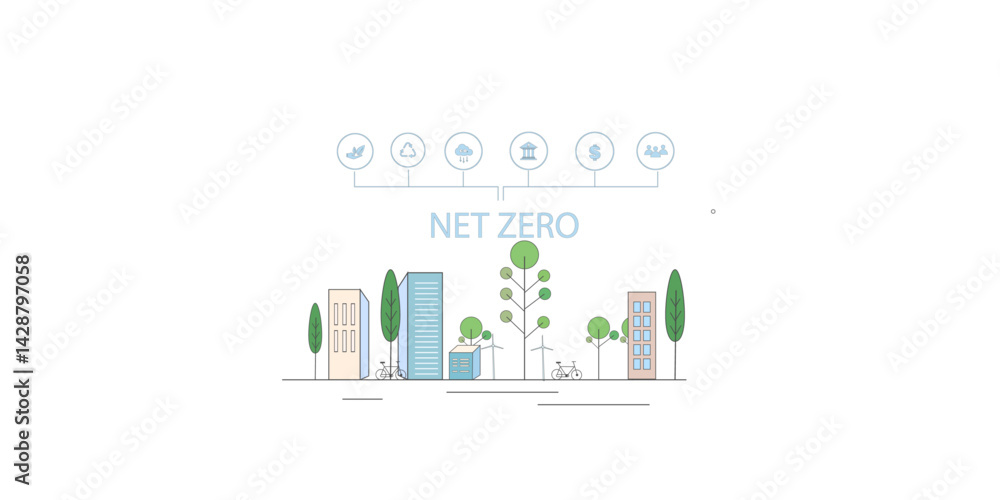 Naklejka premium Net zero concept line draw of green urban town city