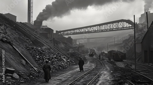 Industrial workers walking along railway tracks near a coal mine, smoke billowing from factory. Historical photo for industry or historical contexts