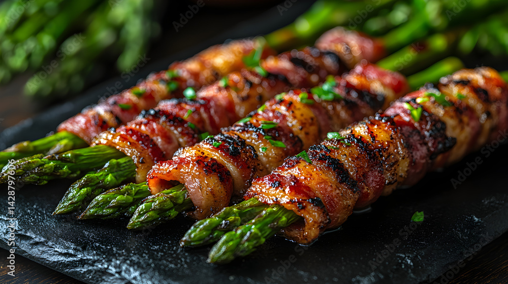 Bacon Wrapped Asparagus presented on a black textured surface with elegant side garnishing