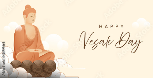 Vesak Day Creative Concept for Card or Banner. Vesak Day is a holy day for Buddhists. Happy Buddha Day with Siddhartha Gautama Statue Design Vector Illustration