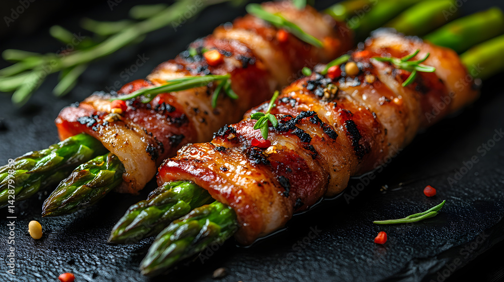 Bacon Wrapped Asparagus presented on a black textured surface with elegant side garnishing