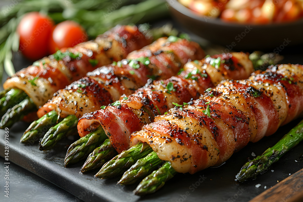 Bacon Wrapped Asparagus styled on dark grey background with clean plating and props