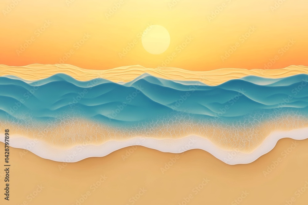 Sunset beach background with golden sands and gentle waves.
