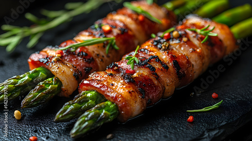 Obraz na płótnie Bacon Wrapped Asparagus presented on a black textured surface with elegant side garnishing w salonie