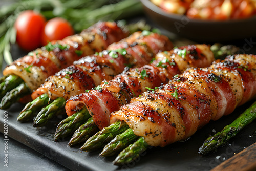 Obraz na płótnie Bacon Wrapped Asparagus styled on dark grey background with clean plating and props w salonie