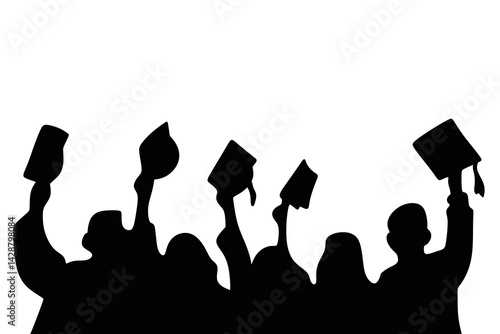 Silhouetted group of graduates joyfully tossing their caps during a celebratory gathering. Perfect for illustrating themes of achievement, success, and celebration in academic or other milestone momen